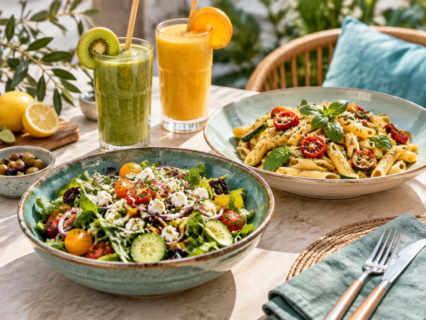 Salade, pâtes et smoothies frais